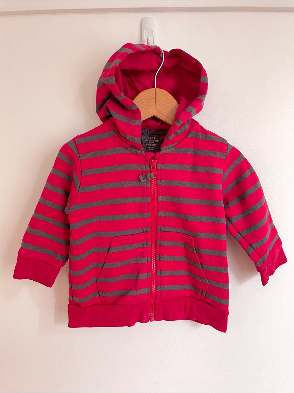 $6 💥Like New Unisex Hoodie Sweatshirt, Full Zip-Up, Red Grey Stripe, Super Soft
